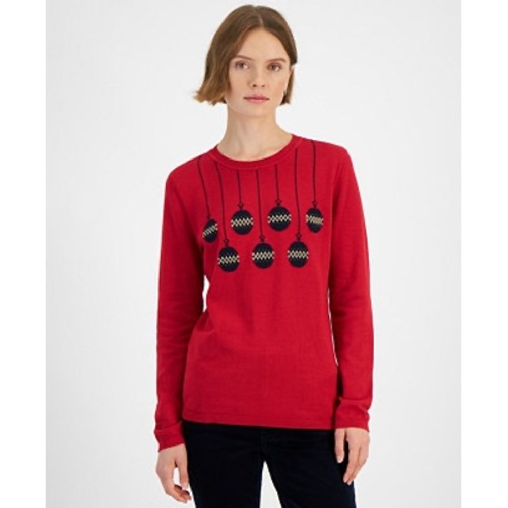 Tommy Hilfiger Womens Red Cotton Holiday Ornament Crewneck Sweater NWT S